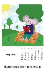Children calendar 2020 for May, with main hero rat or mouse, a symbol of the new year. The week starts on Monday. Cartoon style digital drawing, vector illustration