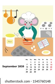 Children calendar 2020 for September, with main hero rat or mouse, a symbol of the new year. The week starts on Monday. Cartoon style digital drawing, vector illustration