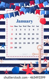 Children calendar for January 2017. Week starts from Sunday. Marine frame with flags, seashells, starfishes and anchor. Striped vest background. Retro vector illustration