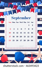Children calendar for September 2017. Week starts from Sunday. Marine frame with flags, seashells and starfishes. Striped vest background. Retro vector illustration