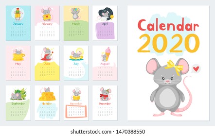 Children calendar vector illustrations set. Annual planner for 2020 year. Basic grid design with cute mascot, adorable mouse. Organizer template with text and numbers on colorful backdrops
