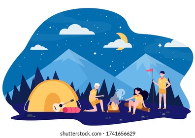 Children at campfire in mountain forest flat vector illustration. Cartoon scouts camping, sitting near fire and frying marshmallow. Adventure and summer vacation concept