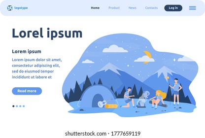 Children at campfire in mountain forest flat vector illustration. Cartoon scouts camping, sitting near fire and frying marshmallow. Adventure and summer vacation concept