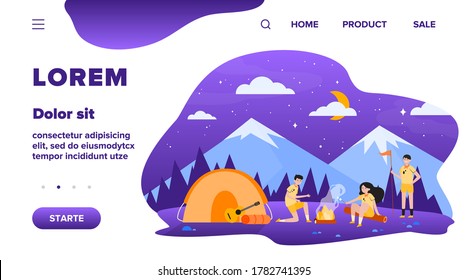 Children at campfire in mountain forest flat vector illustration. Cartoon scouts camping, sitting near fire and frying marshmallow. Adventure and summer vacation concept