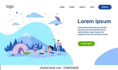 Children at campfire in mountain forest flat vector illustration. Cartoon scouts camping, sitting near fire and frying marshmallow. Adventure and summer vacation concept