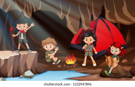 Children camping in a cave illustration