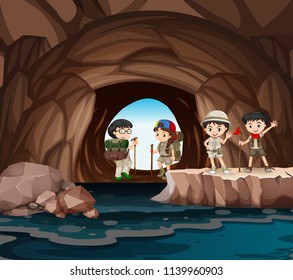 Children camping in the cave illustration