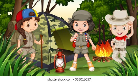 Children camping in the deep forest illustration