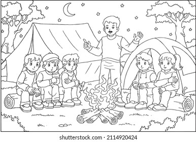 children camping in the forest black and white artline to coloring vector