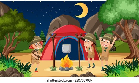 Children camping in the forest illustration