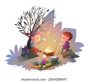 Crianças acampando na floresta à noite com fogo debaixo de uma árvore. Menino e menina sentam-se à noite na escuridão fritando comida sob céu mágico. Ilustração vetorial de conto de fadas da história da aventura da natureza das crianças.