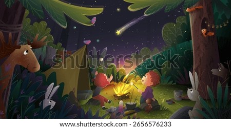 Children camping in the forest under a starry night. Friends and animals gather by the fire near a tent watching shooting star. Magical kids vector cartoon illustration of wilderness adventures.