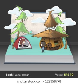 Children in camping inside a Pop-Up book. Vector illustration. svg