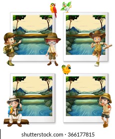 Children camping out by the river illustration