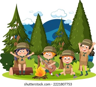 Children camping out at the forest illustration