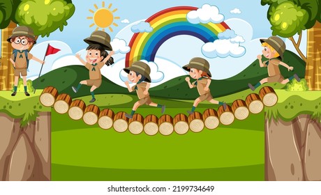 Children camping out forest scene illustration