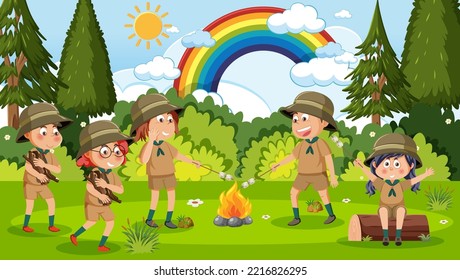 Children camping out forest scene illustration