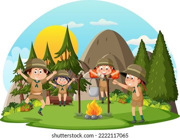 Children camping out forest scene illustration