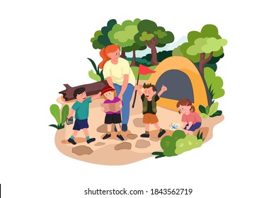 Children camping out in the park Vector Illustration concept. Flat illustration isolated on white background.