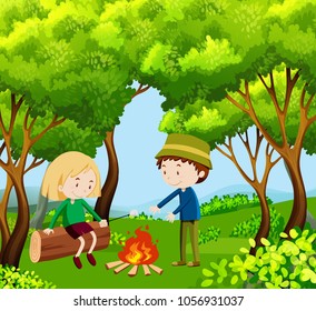 Children camping out in the woods illustration