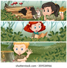 Children camping out in the woods illustration