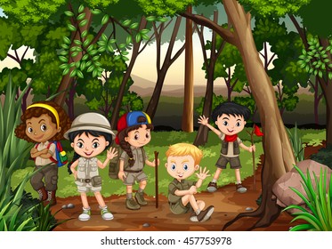 Children camping out in the woods illustration