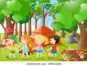 Children camping out in the woods illustration