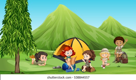 Children camping out in the woods illustration