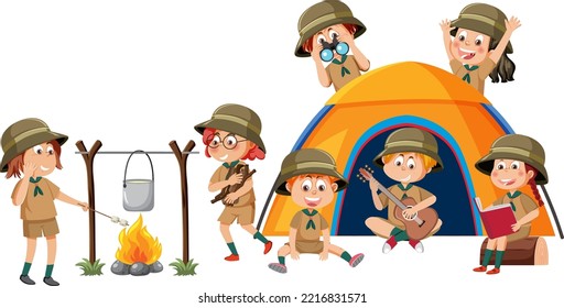 Children camping outdoor with tent illustration