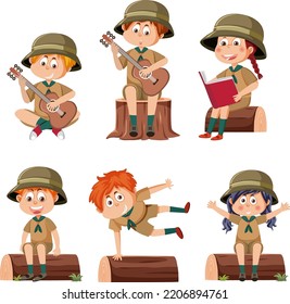 Children in camping outfit illustration