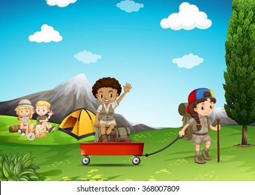 Children camping and playing in the field illustration