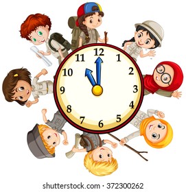 Children in camping uniform around the clock illustration