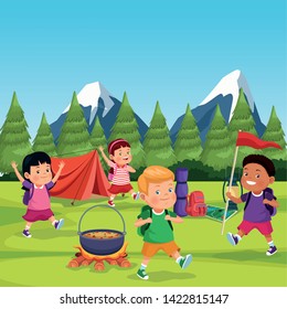 children in a camping zone with camping elements camping tent, cooking pot, bags and flag in rural landscape with snowy mountain and pines