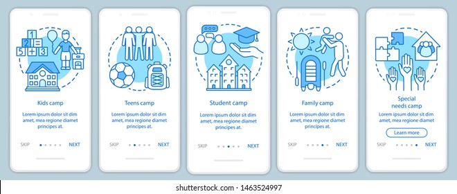 Children camps onboarding mobile app page screen with linear concepts. Kids and family holiday walkthrough steps graphic instructions. UX, UI, GUI vector template with illustrations