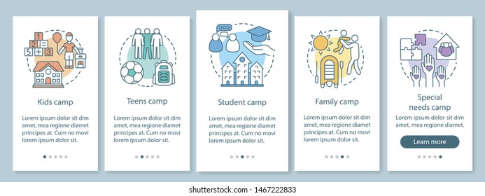 Children camps onboarding mobile app page screen with linear concepts. Kids and family holiday walkthrough steps graphic instructions. UX, UI, GUI vector template with illustrations