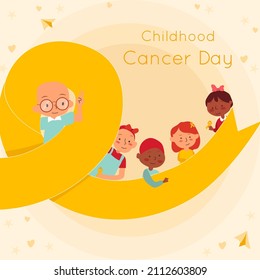 Children Cancer Awareness Month with illustration of kids of different cultures around yellow ribbon