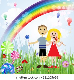  Children with candies , balloons and rainbow
