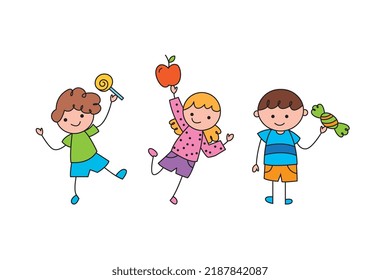 children with candies and fruit hand drawn . vector illustration