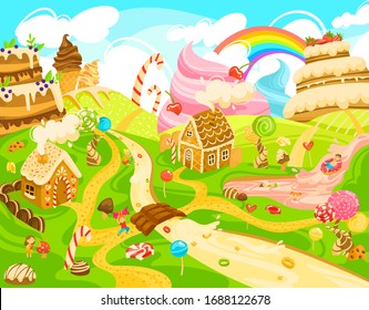 Children In Candy Land, Kids In Fantasy World Of Sweets, Boys And Girls Cartoon Character, Vector Illustration. Magic Town Built Of Sweets And Confections, Street, River And House Of Cookies And Cream