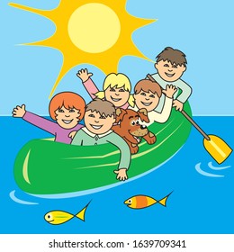Children at canoe at background sky with sun, vector illustration.