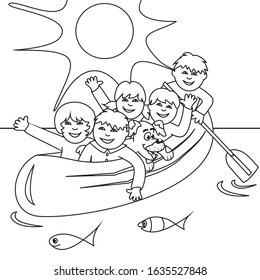 Children in a canoe on the sea, coloring book, vector illustration