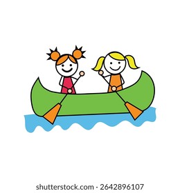 Children canoe trip. Summer adventure fun. Two kids playing. Colorful vector activity.