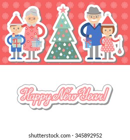 Children in caps of Santa Claus with grandparents. Postcard.