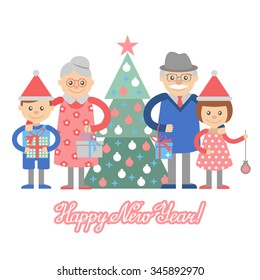 Children in caps of Santa Claus with grandparents. Grandmother and grandfather with grandson and granddaughter. Vector illustration of grandparents with grandchildren isolated on white background.