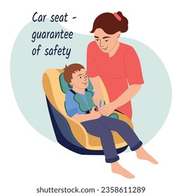 Children car seat flat composition with doodle character of mother fastening belts of child in seat vector illustration
