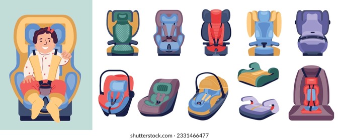 Children car seat set of flat isolated icons with colorful childish safety seats on blank background vector illustration