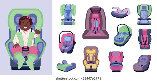 Children car seat set with flat safety seats on blank background with various size and colors vector illustration