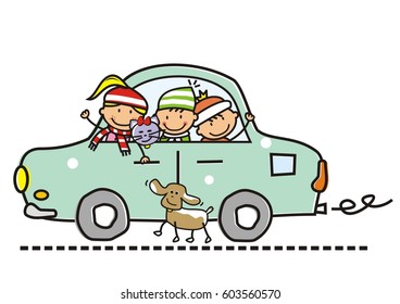 children in the car, winter theme, vector illustration