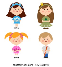 Children in caravan suits. Vector drawing