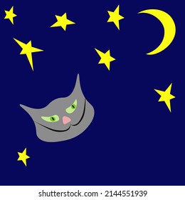 Children card cats head, moon, stars on dark blue background. Handdrawn funny kitty face in night sky. Cartoon paint character head, crescent. Childish nighttime poster, vector flat design eps 10